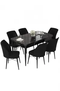 Extendable Dining Table & Chairs Set (7 Pieces) Nef - Black Marble, Black