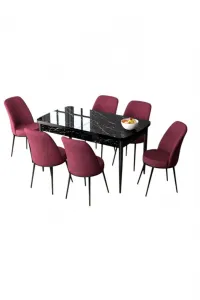 Extendable Dining Table & Chairs Set (7 Pieces) Zen - Black Marble, Burgundy
