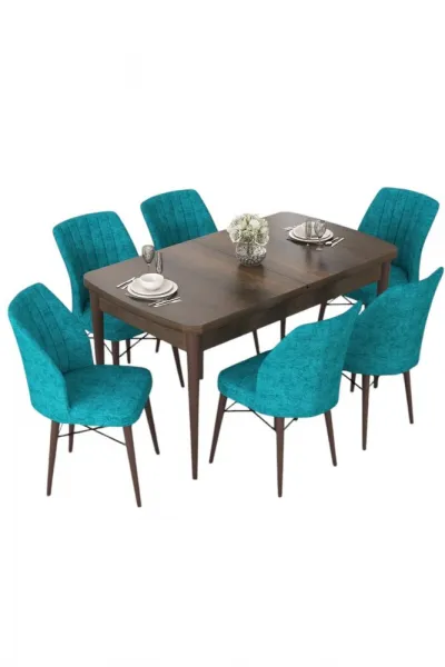 Extendable Dining Table & Chairs Set (7 Pieces) Nef - Baroque, Turquoise