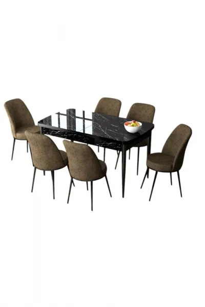 Extendable Dining Table & Chairs Set (7 Pieces) Zen - Black Marble, Brown