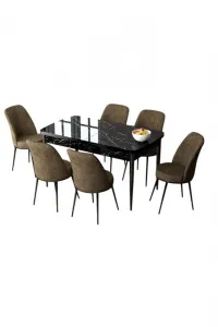 Extendable Dining Table & Chairs Set (7 Pieces) Zen - Black Marble, Brown