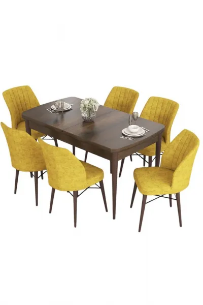 Extendable Dining Table & Chairs Set (7 Pieces) Eva - Baroque, Mustard
