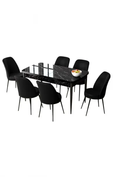 Extendable Dining Table & Chairs Set (7 Pieces) Zen - Black Marble, Black