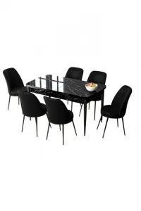 Extendable Dining Table & Chairs Set (7 Pieces) Zen - Black Marble, Black