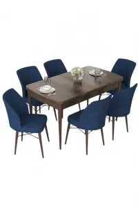Extendable Dining Table & Chairs Set (7 Pieces) Nef - Baroque, Navy Blue