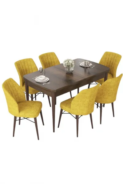 Extendable Dining Table & Chairs Set (7 Pieces) Nef - Baroque, Mustard