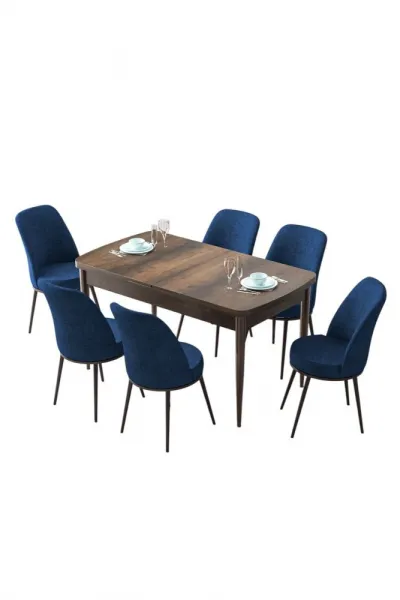 Extendable Dining Table & Chairs Set (7 Pieces) Zen - Baroque, Navy Blue
