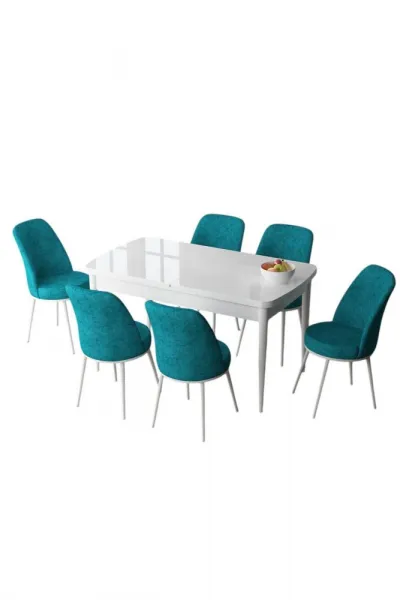 Extendable Dining Table & Chairs Set (7 Pieces) Zen - White, Turquoise