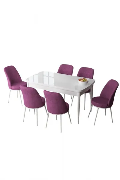 Extendable Dining Table & Chairs Set (7 Pieces) Zen - White, Purple