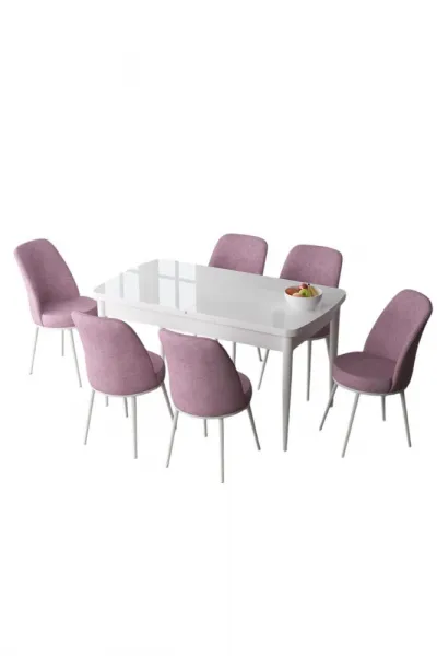 Extendable Dining Table & Chairs Set (7 Pieces) Zen - White, Pink