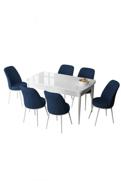 Extendable Dining Table & Chairs Set (7 Pieces) Zen - White, Navy Blue