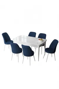 Extendable Dining Table & Chairs Set (7 Pieces) Zen - White, Navy Blue