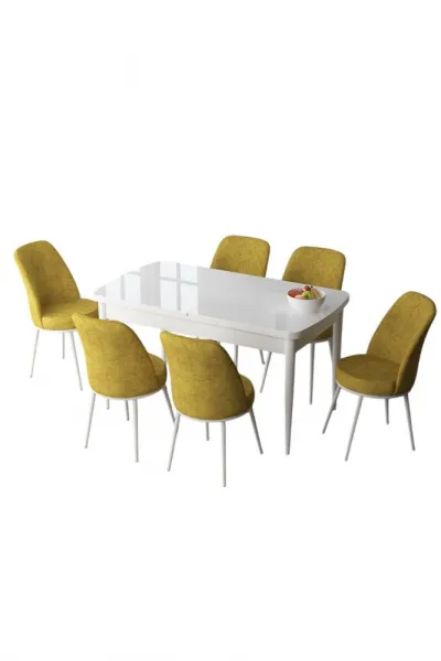 Extendable Dining Table & Chairs Set (7 Pieces) Zen - White, Mustard