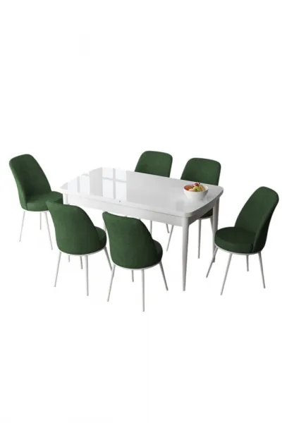 Extendable Dining Table & Chairs Set (7 Pieces) Zen - White, Khaki