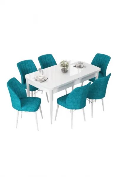 Extendable Dining Table & Chairs Set (7 Pieces) Nef - White, Turquoise