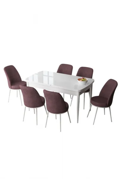 Extendable Dining Table & Chairs Set (7 Pieces) Zen - White, Dusty Rose