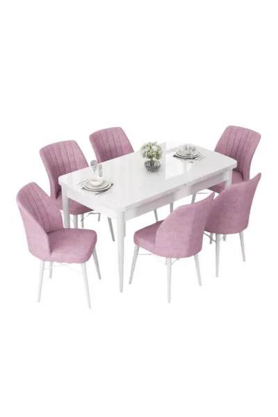 Extendable Dining Table & Chairs Set (7 Pieces) Nef - White, Pink