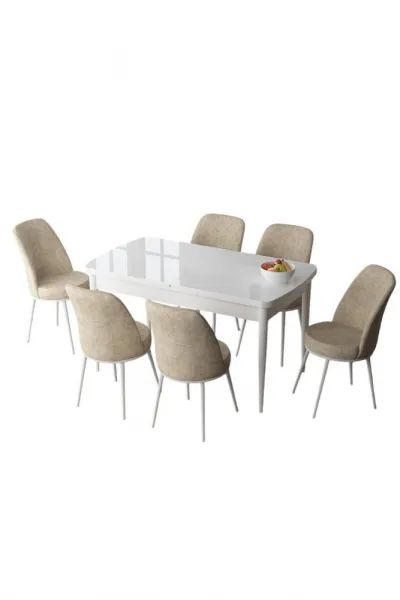 Extendable Dining Table & Chairs Set (7 Pieces) Zen - White, Cream