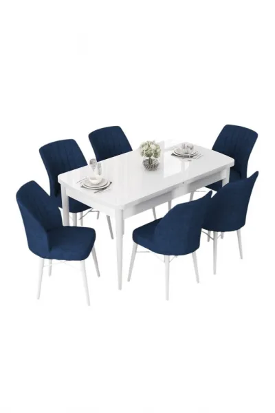 Extendable Dining Table & Chairs Set (7 Pieces) Nef - White, Navy Blue
