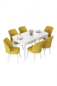 Extendable Dining Table & Chairs Set (7 Pieces) Nef - White, Mustard