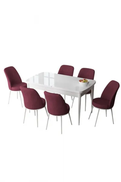 Extendable Dining Table & Chairs Set (7 Pieces) Zen - White, Burgundy