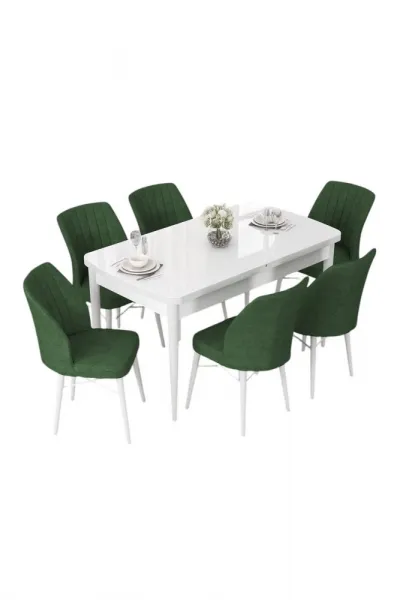 Extendable Dining Table & Chairs Set (7 Pieces) Nef - White, Khaki