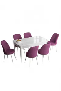 Extendable Dining Table & Chairs Set (7 Pieces) Han - White, Purple