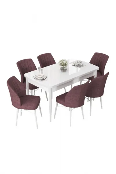 Extendable Dining Table & Chairs Set (7 Pieces) Nef - White, Dusty Rose
