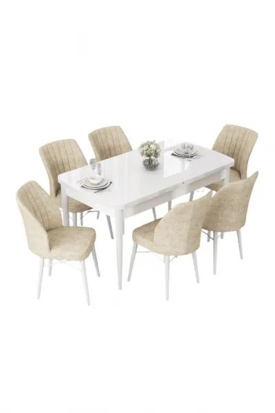 Extendable Dining Table & Chairs Set (7 Pieces) Nef - White, Cream