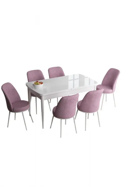 Extendable Dining Table & Chairs Set (7 Pieces) Han - White, Pink