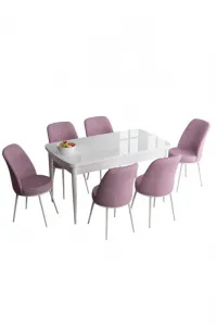Extendable Dining Table & Chairs Set (7 Pieces) Han - White, Pink