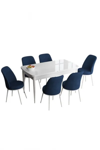 Extendable Dining Table & Chairs Set (7 Pieces) Han - White, Navy Blue
