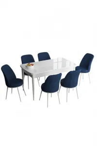 Extendable Dining Table & Chairs Set (7 Pieces) Han - White, Navy Blue