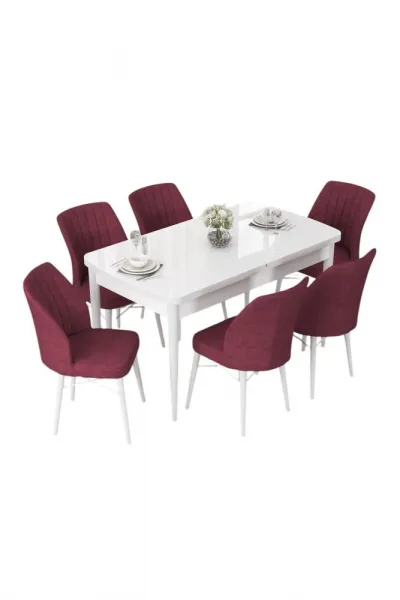 Extendable Dining Table & Chairs Set (7 Pieces) Nef - White, Burgundy