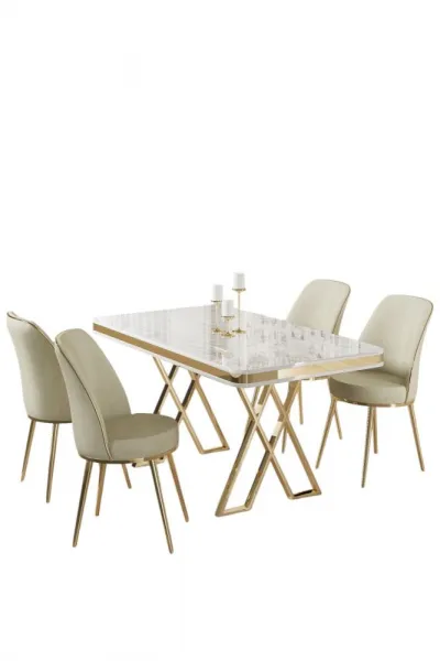 Dining Table & Chairs Set (5 Pieces) Vals - White, Gold, Cream