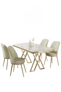 Dining Table & Chairs Set (5 Pieces) Vals - White, Gold, Cream