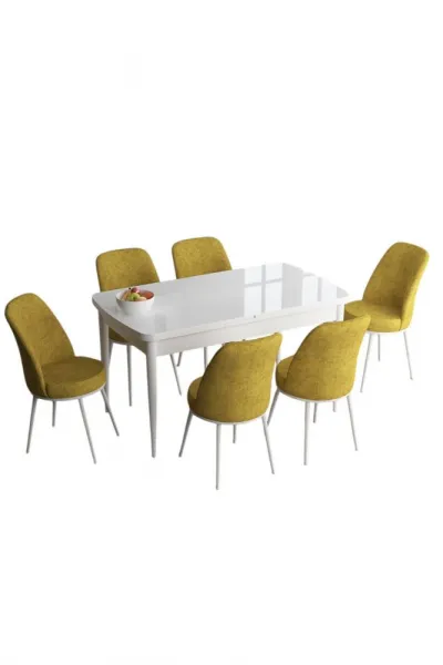 Extendable Dining Table & Chairs Set (7 Pieces) Han - White, Mustard