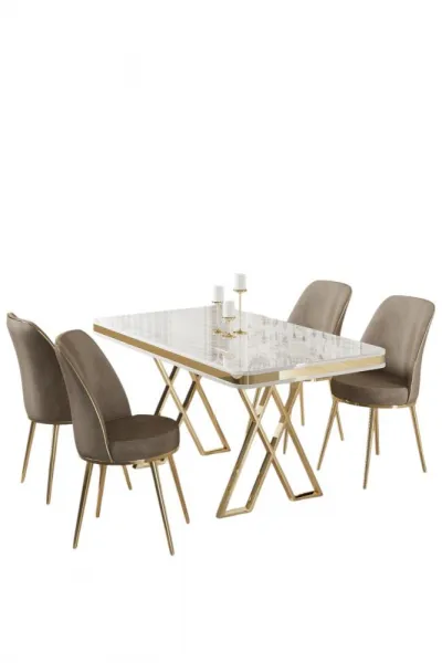 Dining Table & Chairs Set (5 Pieces) Vals - White, Gold, Cappuccino