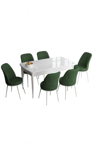 Extendable Dining Table & Chairs Set (7 Pieces) Han - White, Khaki