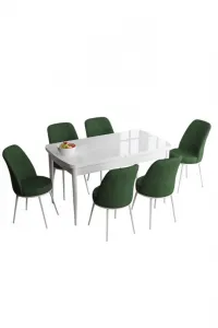 Extendable Dining Table & Chairs Set (7 Pieces) Han - White, Khaki