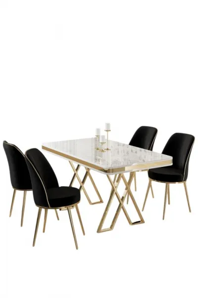 Dining Table & Chairs Set (5 Pieces) Vals - White, Gold, Black