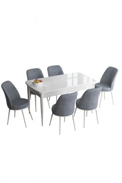 Extendable Dining Table & Chairs Set (7 Pieces) Han - White, Grey