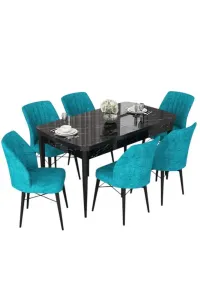 Extendable Dining Table & Chairs Set (7 Pieces) Nef - Black Marble, Turquoise