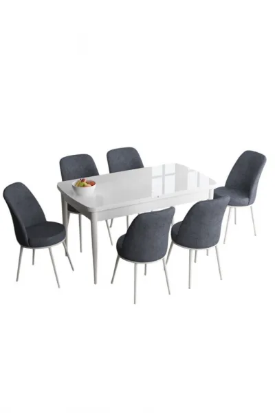 Extendable Dining Table & Chairs Set (7 Pieces) Han - White, Fume