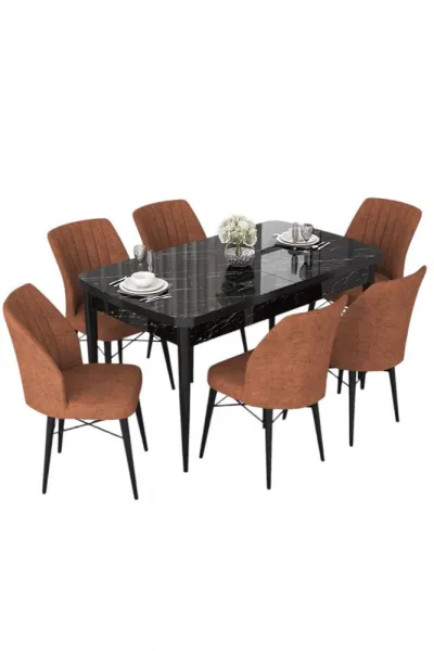 Extendable Dining Table & Chairs Set (7 Pieces) Nef - Black Marble, Tile Red