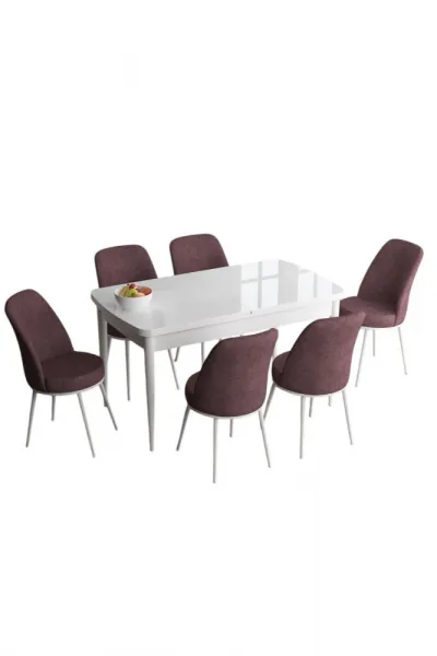 Extendable Dining Table & Chairs Set (7 Pieces) Han - White, Dusty Rose