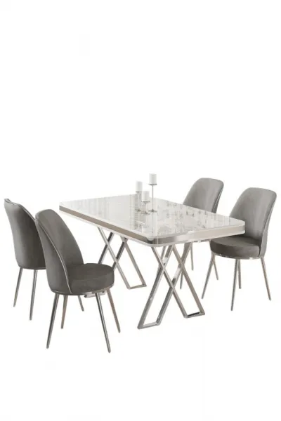 Dining Table & Chairs Set (5 Pieces) Vals - White, Chrome, Grey
