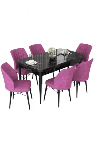 Extendable Dining Table & Chairs Set (7 Pieces) Nef - Black Marble, Purple