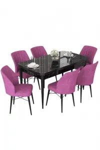 Extendable Dining Table & Chairs Set (7 Pieces) Nef - Black Marble, Purple