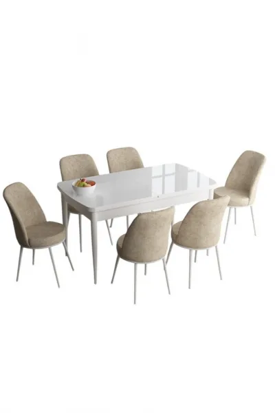 Extendable Dining Table & Chairs Set (7 Pieces) Han - White, Cream